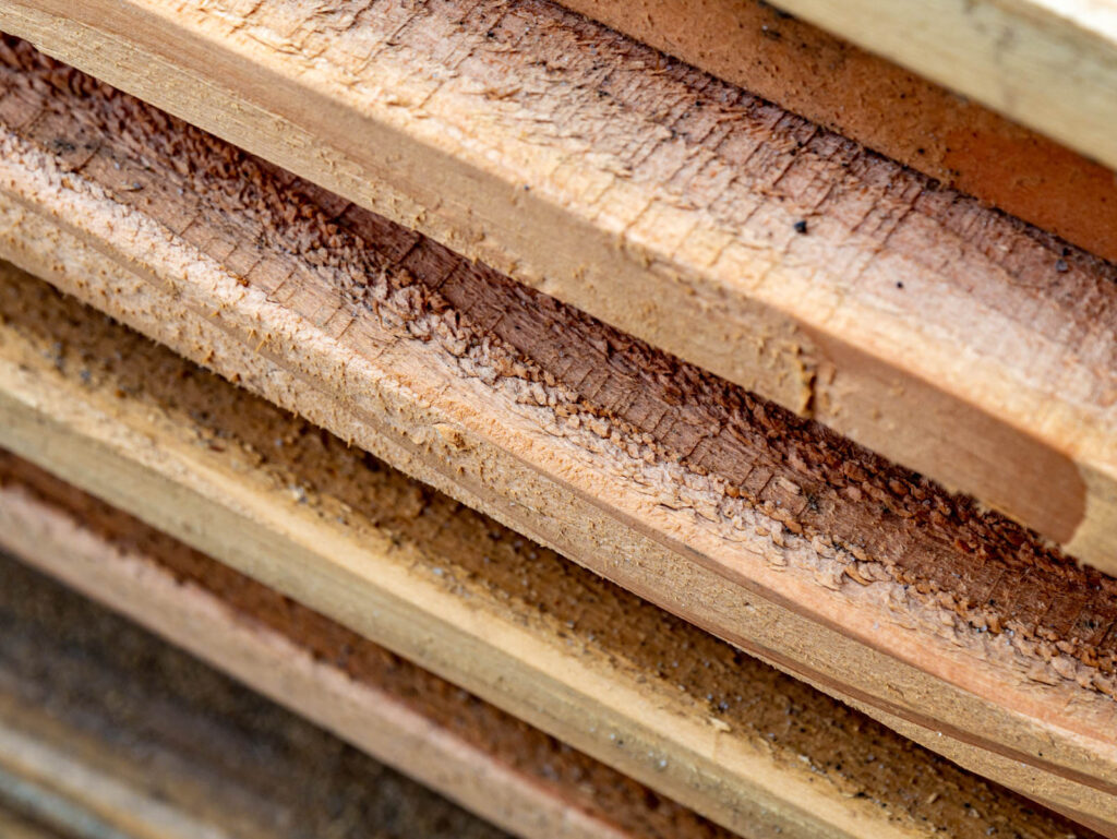 Stakke af nyopskårne douglasgranplanker